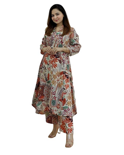 Leriya Fashion Anarkali Kurta-Set for Women – Viscose Rayon Printed Kurta & Straight Pant | Festive Ethnic Indian Traditional Outfit for Functions & Puja