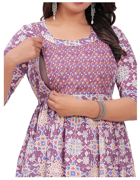 Women's Pure Cotton All Over Printed Kurti Gown Feeding Dress Maternity Gown Feeding Nighty Kurti
