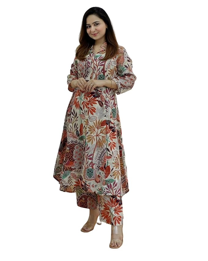 Leriya Fashion Anarkali Kurta-Set for Women – Viscose Rayon Printed Kurta & Straight Pant | Festive Ethnic Indian Traditional Outfit for Functions & Puja
