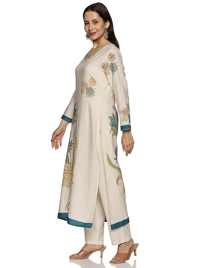 RAJMANDIRFABRICS Women's Cotton Hand Block Printed with Thread Work Straight Kurta Pant with Dupatta Set