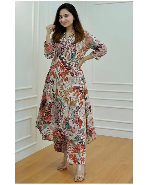 Leriya Fashion Anarkali Kurta-Set for Women – Viscose Rayon Printed Kurta & Straight Pant | Festive Ethnic Indian Traditional Outfit for Functions & Puja