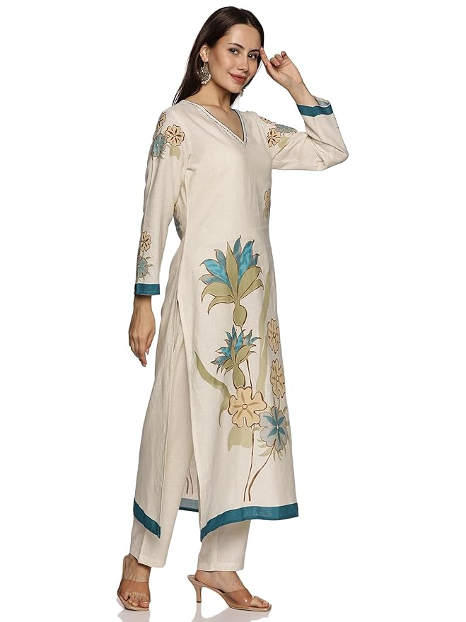 RAJMANDIRFABRICS Women's Cotton Hand Block Printed with Thread Work Straight Kurta Pant with Dupatta Set