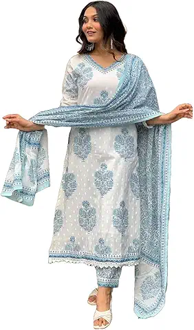 Nermosa Women Cotton Block Printed Kurta Pant With Dupatta