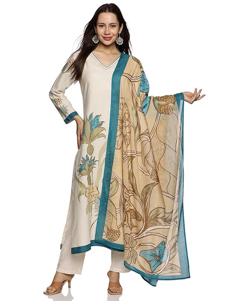 RAJMANDIRFABRICS Women's Cotton Hand Block Printed with Thread Work Straight Kurta Pant with Dupatta Set